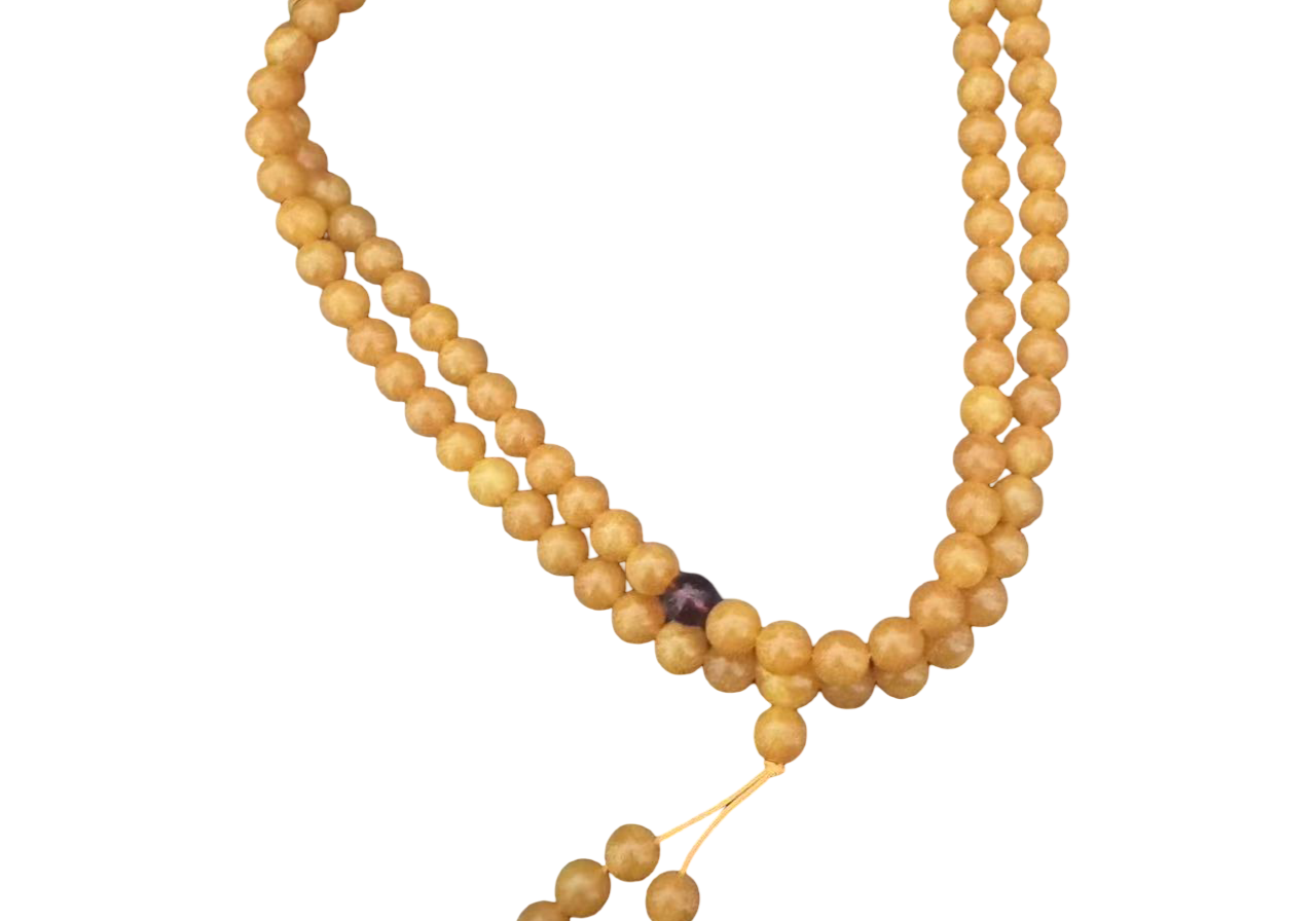 Mala aus Kunst-Bernstein mit 108 Perlen im tibetischen Stil für Meditation und Yoga.