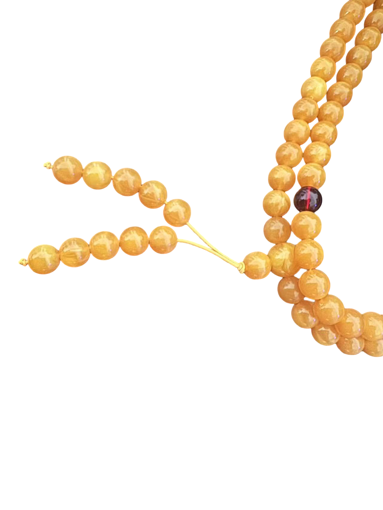 Tibetische Mala mit Kunst-Bernstein-Perlen, ideal für Meditation und als stilvolles Accessoire.