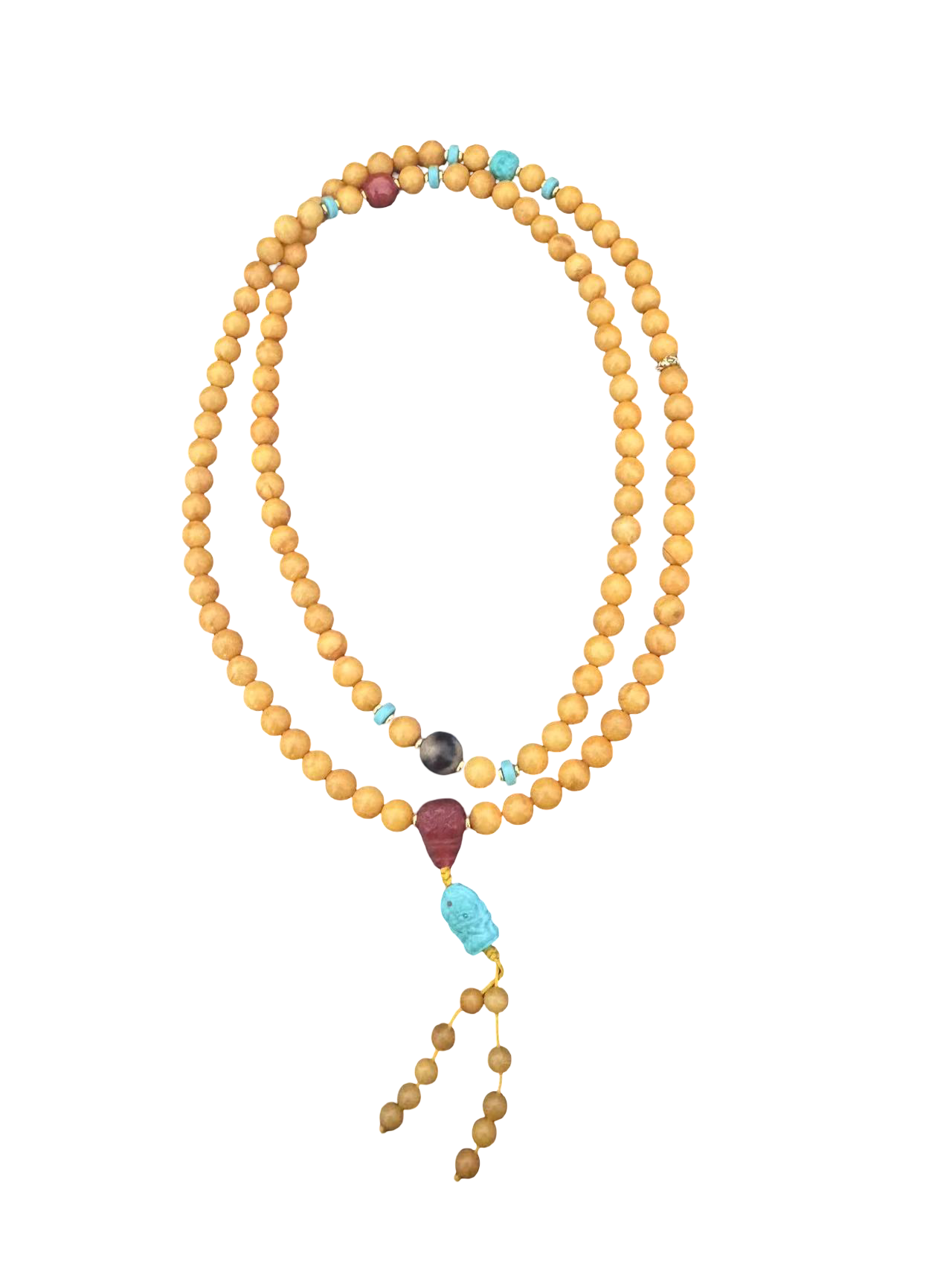Mala-Halskette Bernstein Türkis handgeschnitzt