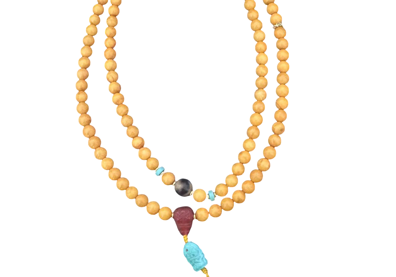 Mala-Halskette Bernstein Türkis handgeschnitzt