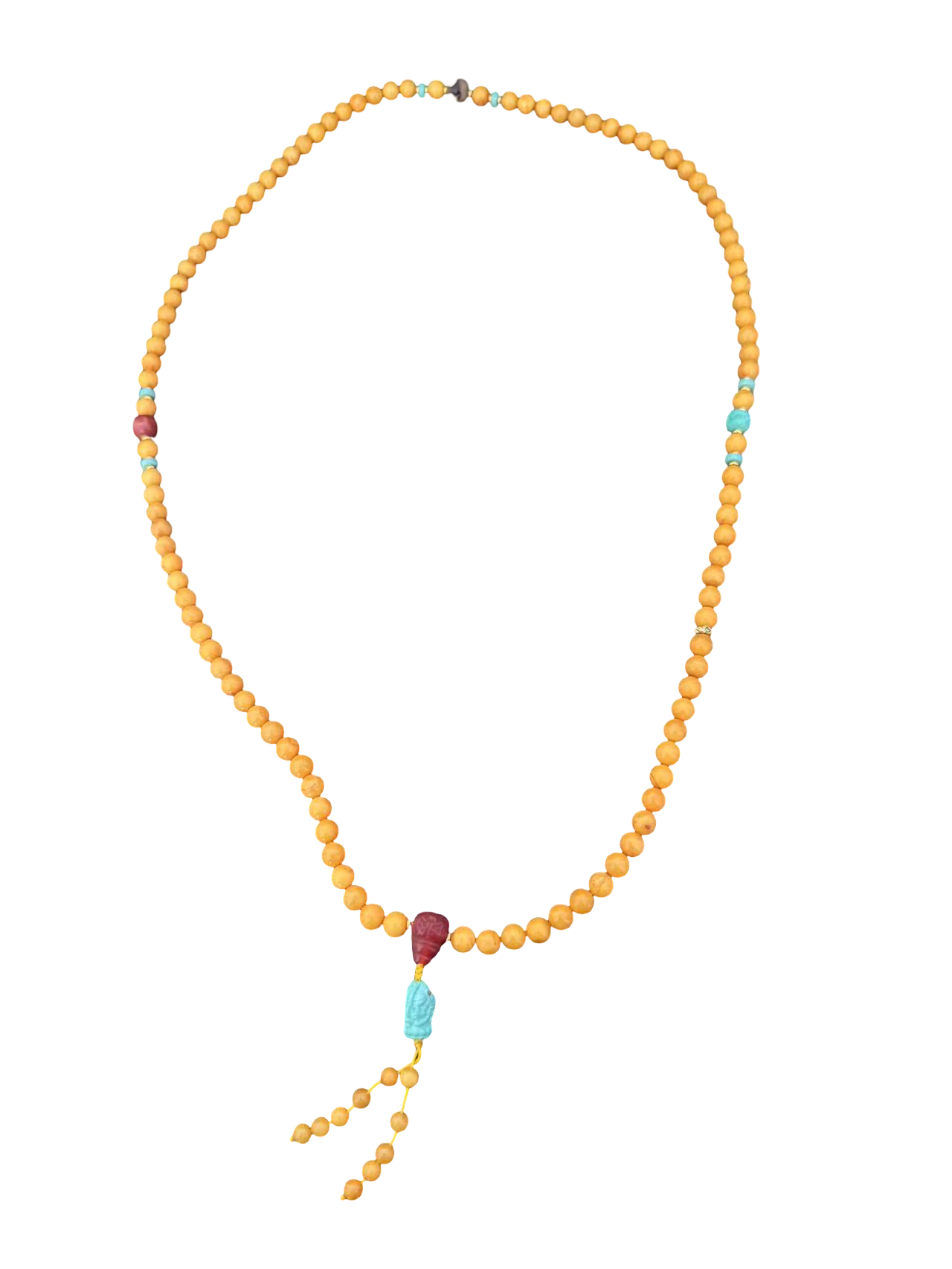 Mala-Halskette aus Bernstein & Türkis – Handgeschnitzt