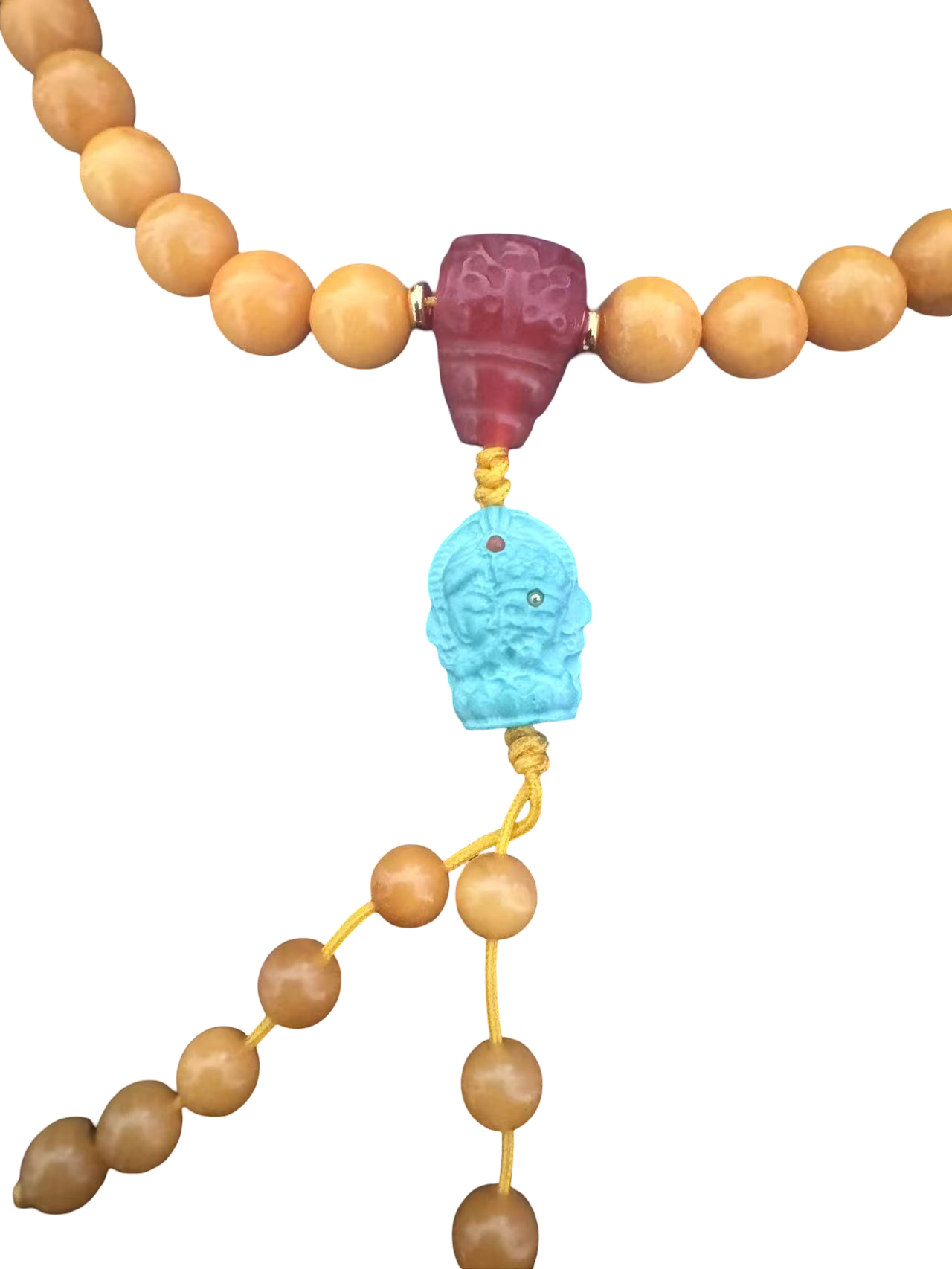 Mala-Halskette aus Bernstein & Türkis – Handgeschnitzt details