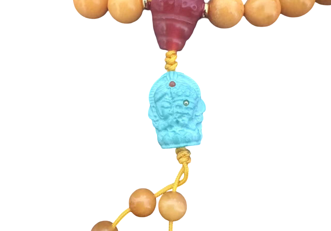 Mala-Halskette aus Bernstein & Türkis – Handgeschnitzt details
