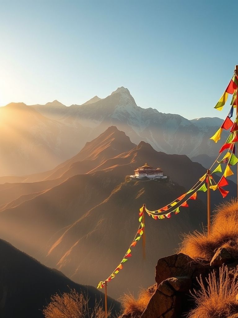 Majestätische tibetische Berglandschaft mit Kloster und bunten Gebetsfahnen im Wind bei Sonnenaufgang.
