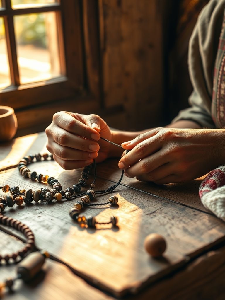 Tibetischer Schmuck in traditioneller Handarbeit gefertigt, Detailaufnahme der Herstellung auf Holztisch.