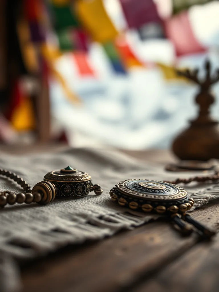 Nahaufnahme handgefertigten tibetischen Schmucks auf Naturmaterialien, im Hintergrund Gebetsfahnen unscharf.