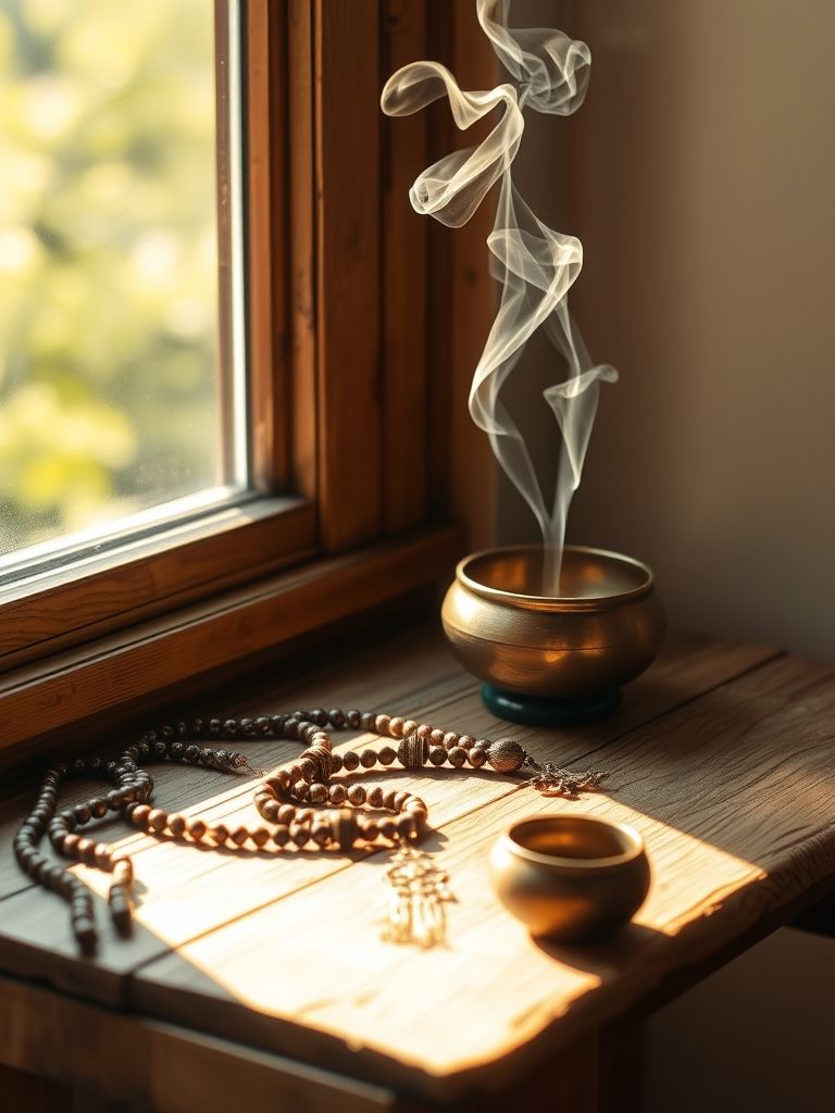 Tibetischer Schmuck und Mala in einer ruhigen Meditationsumgebung mit weichem Licht und natürlichen Materialien.