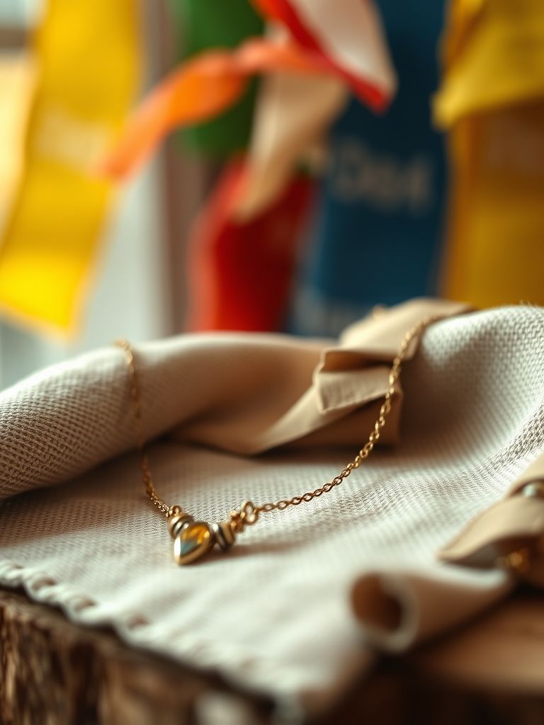 Tibetische Halskette mit spiritueller Symbolik, dekoriert auf Holz und Leinen, Hintergrund mit Gebetsfahnen.