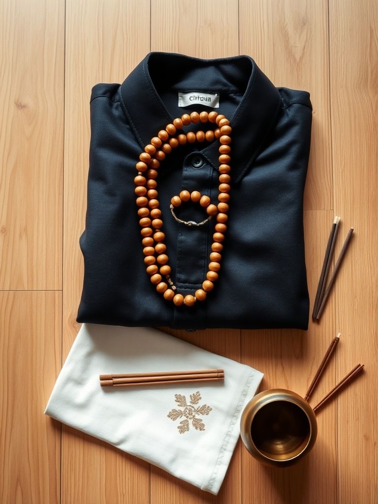 Traditionelle tibetische Kleidung und Meditationszubehör auf einem Tisch dekoriert.