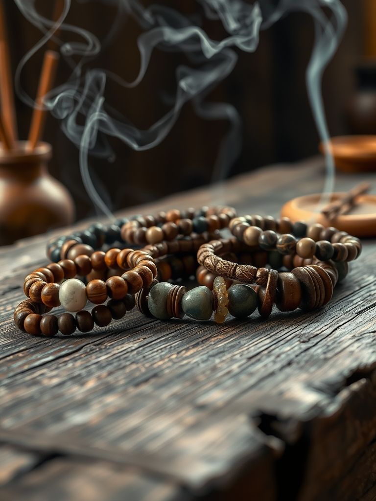 Tibetische Armbänder aus Naturstein und Holz, arrangiert auf einem Holztisch.
