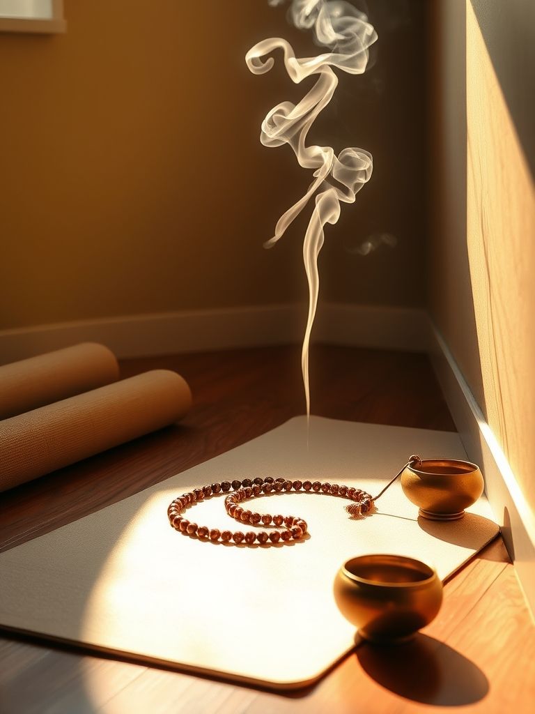 Ruhige Yoga-Szene mit tibetischem Zubehör und harmonischem Licht.